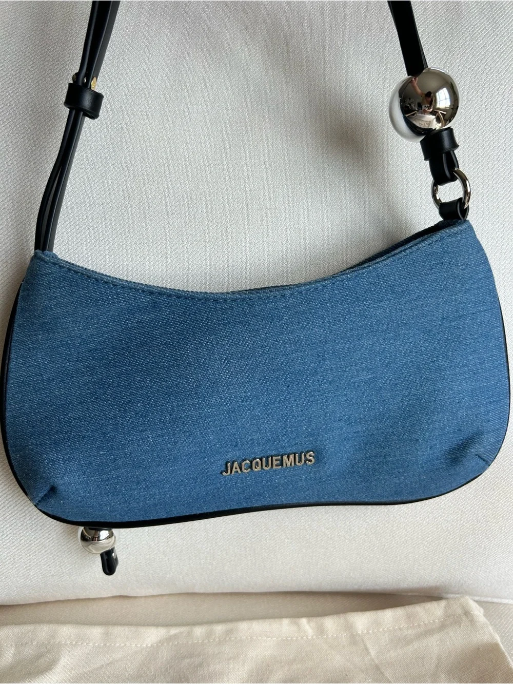 Jacquemus Denim Blue Canvas Shoulder Bag with Black Strap